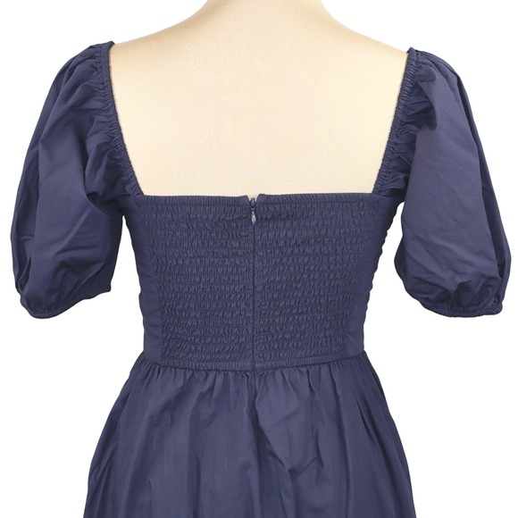 Quince Organic Cotton Ruched Midi Dress Navy Blue Square Neck Tiered Skirt XS - Picture 6 of 10